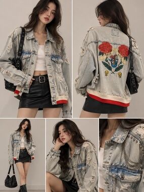 Denim Jacket Oversized Distressed Crystal Embellished Swag Cool Chic